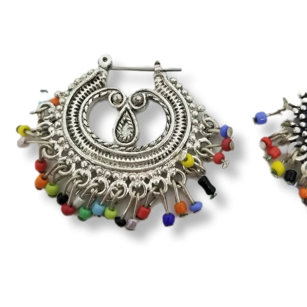 NANCY & RISE VINTAGE COLORFUL BEADED FRINGE & SILVERTONE BOHO STYLE EARRINGS